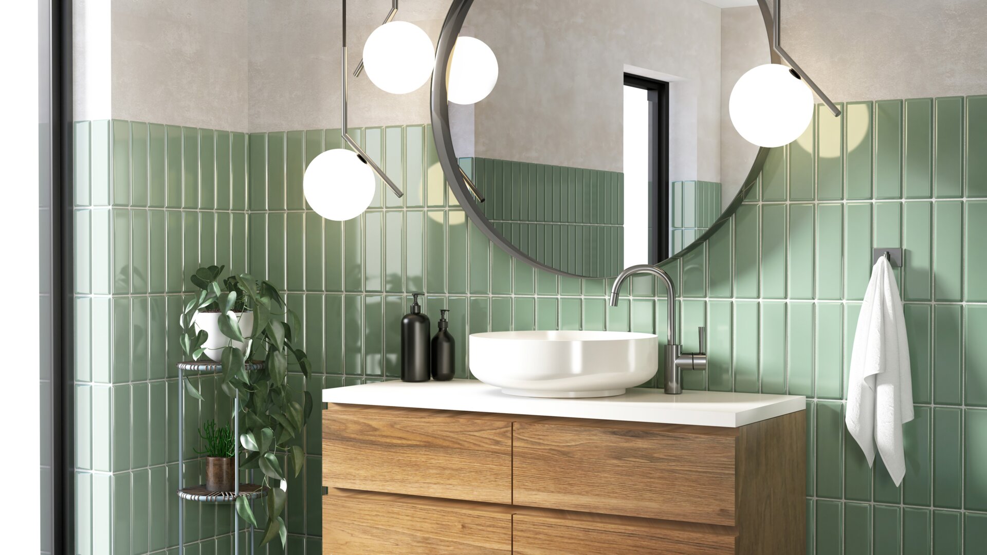 Bagno moderno con piastrelle verdi, grande specchio rotondo e mobile con frontale in legno.